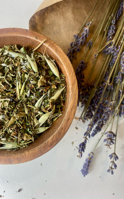 Relaxing blend of lavender, holy, basil, skullcap, lemon balm, oat tops, and rosemary to help soothe anxiety and help you build resilience to stress