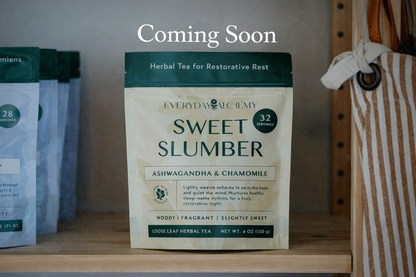 Sweet Slumber tea package on a shelf with 'Coming Soon' text above.